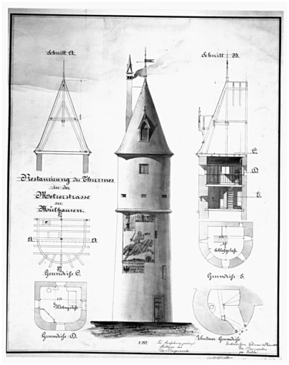 Plan, coupes et élévation de la tour du Bollwerk.