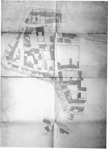 Plan de quartier : porte du Miroir, rues du Bourg, Neuve et du Collège.