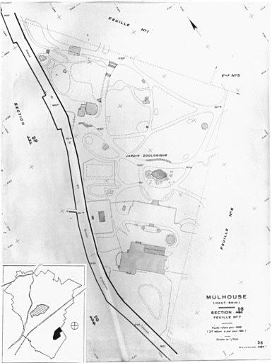 Plan cadastral de 1905, avec la situation des édifices inventoriés. Extrait de la section DB : jardin zoologique.