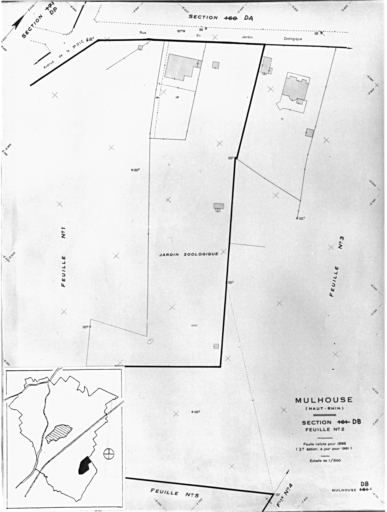 Plan cadastral de 1905, avec la situation des édifices inventoriés. Extrait de la section DB : jardin zoologique.