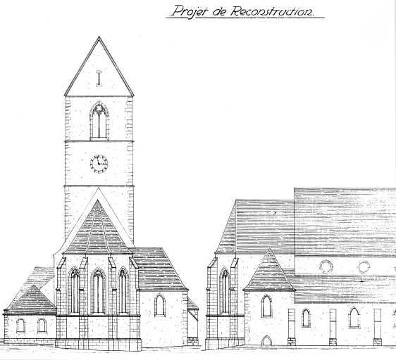 Projet de reconstruction : élévation du chevet et élévation partielle nord.