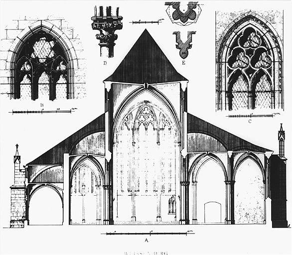 Coupe du transept. Détails de baies et colonne.