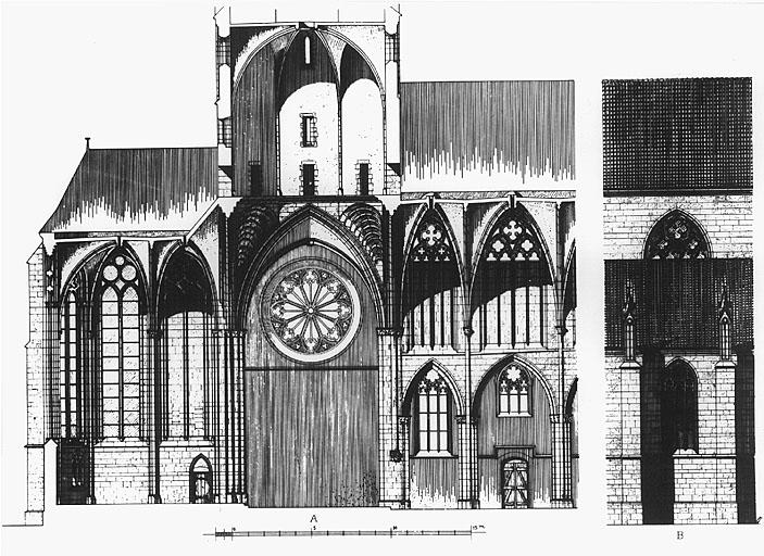 Elévation intérieure et coupe longitudinale d'un élément de façade.