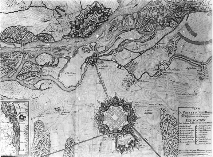 Plan du vieux et du neuf Brisach assiégé par l'armée du Roy par Monseigneur le Duc de Bourgogne.