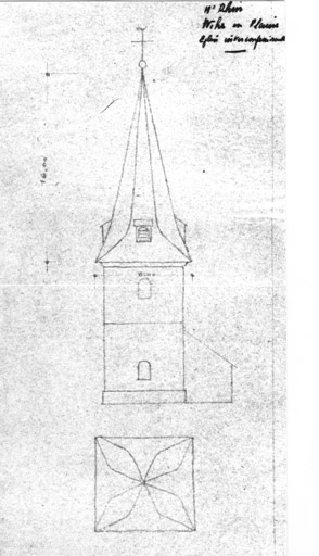 Elévation de la tour et plan de la flèche.