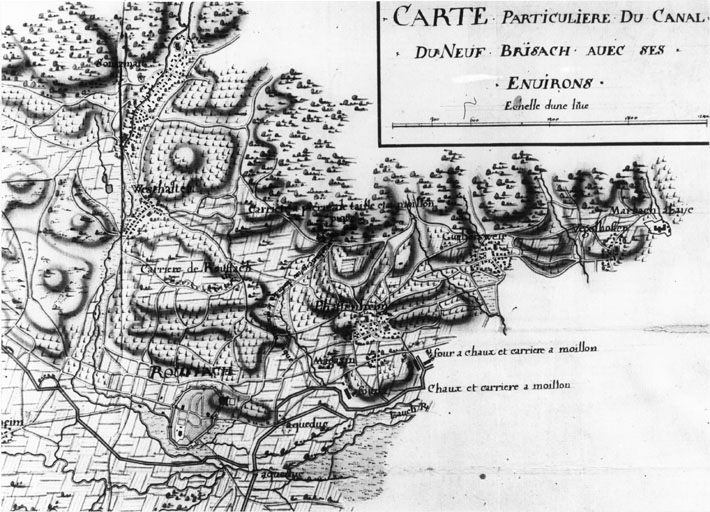 Carte particulière du canal du Neuf-Brisach avec ses environs.