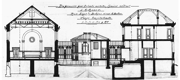 Dispensaire pour enfants malades, gymnase médical : coupe longitudinale.