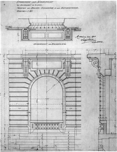 Fenêtre avec balcon, angle sur la rue Buffon : plan, coupe, élévation.