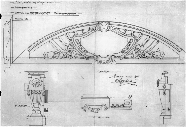 Elévation antérieure, détails du fronton et des consoles.