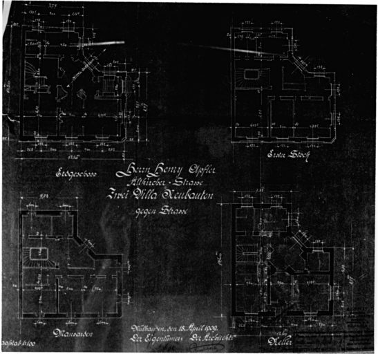 Plans du sous-sol, du rez-de-chaussée, du premier étage, des mansardes des maisons 15 et 17.