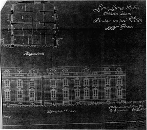 Coupe longitudinale et élévation développée des maisons 15 et 17.