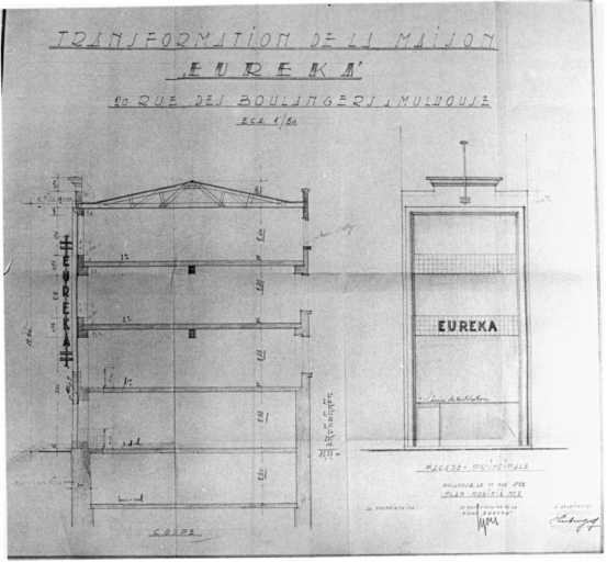 Magasin, 20 rue des Boulangers. Coupe transversale et élévation sur rue.