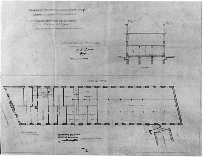 Maison et bureaux, 14 porte du Miroir. Plan du rez-de-chaussée et coupe.