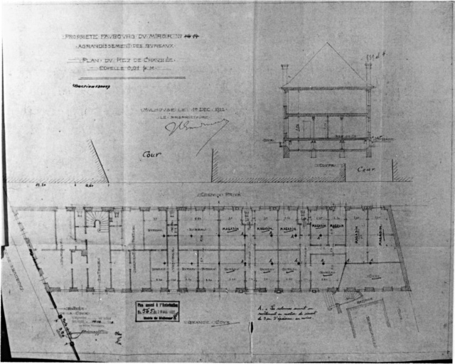 Maison et bureaux, 14 porte du Miroir. Plan du rez-de-chaussée avec transformations prévues et coupe.