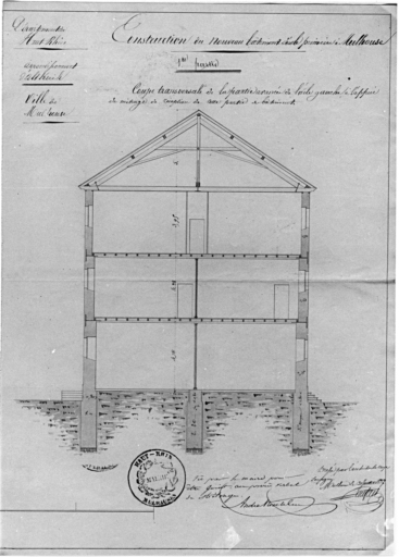 Construction du nouveau bâtiment. Première partie. Coupe transversale de la partie avancée de l'aile gauche, à l'appui du métrage de réception de cette partie du bâtiment.