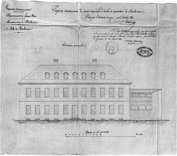 Projet de construction de deux maisons d'école de quartier. Elévation principale.