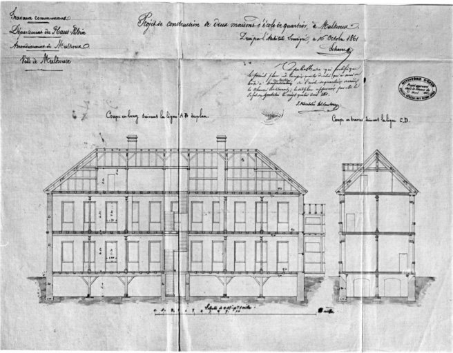 Projet de construction de deux maisons d'école de quartier. Coupe en long suivant la ligne AB du plan.