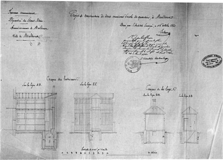 Projet de construction de deux maisons d'école de quartier. Coupes des latrines, coupe de la loge.