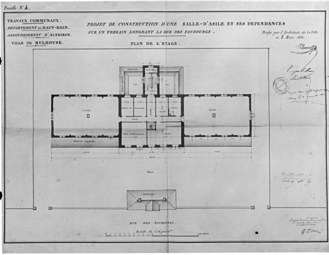 Projet de construction d'une salle d'asile et ses dépendances sur un terrain longeant la rue des Faubourgs. Plan de l'étage.