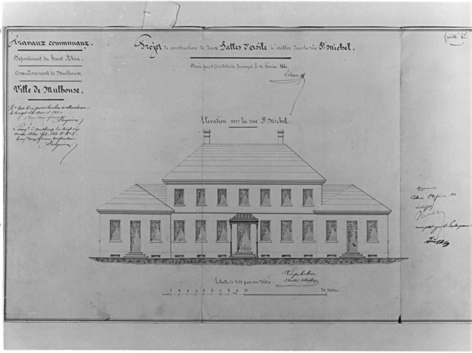 Projet de construction de deux salles d'asile. Elévation vers la rue Saint Michel.