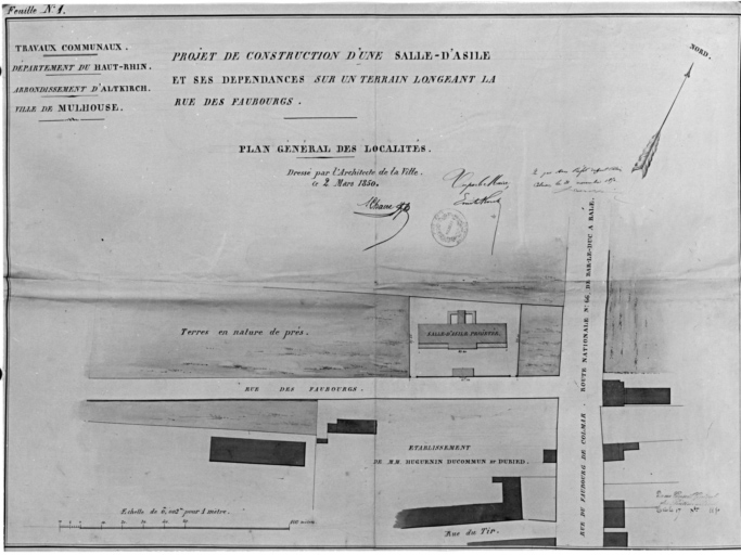 Projet de construction d'une salle d'asile et ses dépendances sur un terrain longeant la rue des Faubourgs. Plan général des localités.