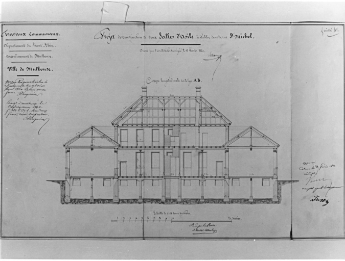 Projet de construction de deux salles d'asile. Coupe longitudinale sur la ligne AB.