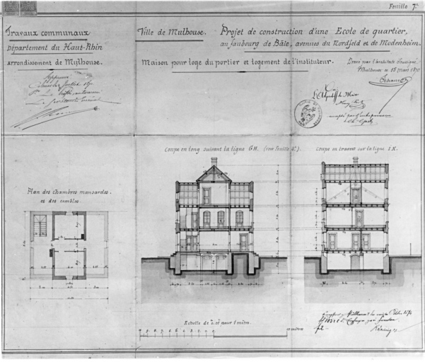 Projet de construction d'une école de quartier, faubourg de Bâle, aux avenues du Norfeld et de Modenheim. Plan, coupes de la maison pour loge du portier et de la maison de l'instituteur.