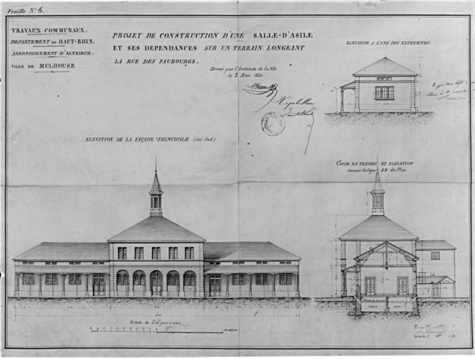 Projet de construction d'une salle d'asile et ses dépendances sur un terrain longeant la rue des Faubourgs. Elévation de la façade principale. Coupe en travers et élévation. Elévation à l'une des extrémités.