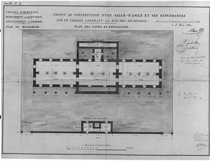 Projet de construction d'une salle d'asile et ses dépendances sur un terrain longeant la rue des Faubourgs. Plan des caves et fondations.