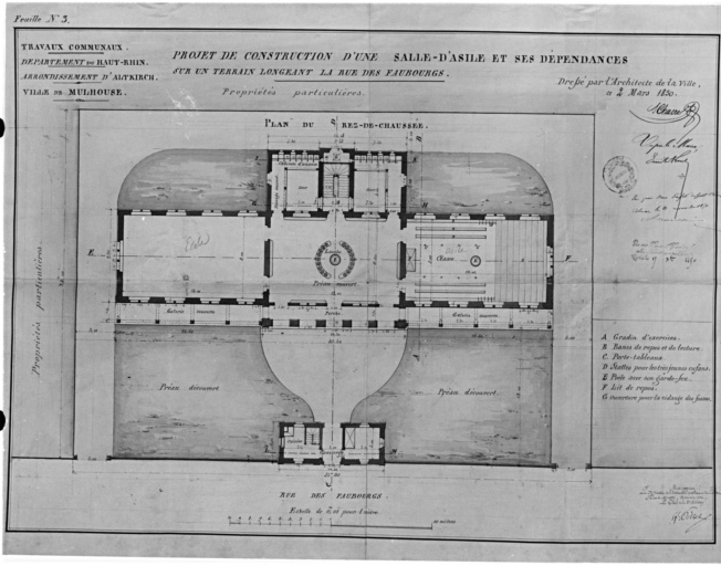 Projet de construction d'une salle d'asile et ses dépendances sur un terrain longeant la rue des Faubourgs. Plan du rez-de-chaussée.