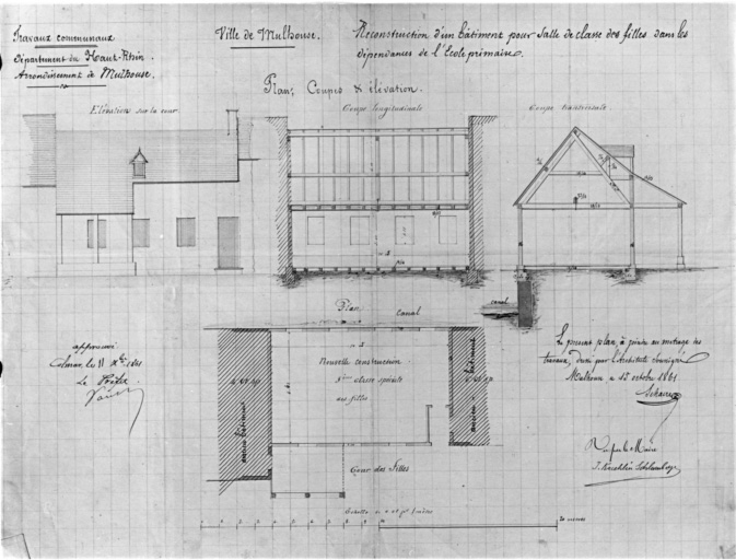 Reconstruction d'un bâtiment pour salle de classe des filles dans les dépendances de l'école primaire. Plan, coupes et élévations.