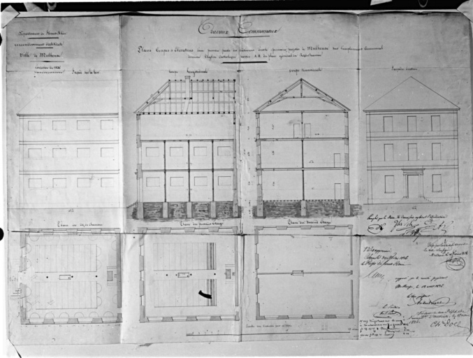 Plans, coupes et élévations d'une première partie des bâtiments projetés, partie A-B du plan général du rez-de-chaussée.