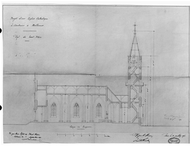 Projet d'une église catholique à construire à Mulhouse. Coupe et longueur (non réalisé).