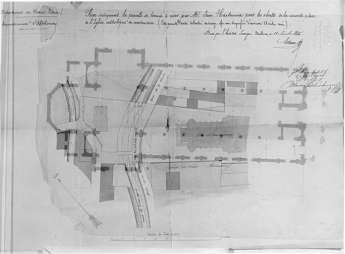 Plan indiquant la parcelle de terrain à céder par M. Jean Hartmann pour les abords de la nouvelle place (en transparence, le plan de l'église, projet non réalisé).