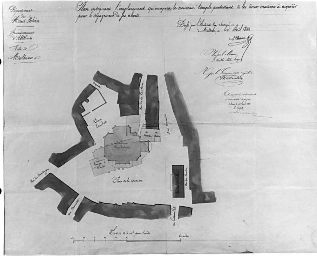 Reconstruction du temple : plan indiquant l'emplacement qu'occupera le nouveau temple protestant et les deux maisons à acquérir pour le dégagement des abords.