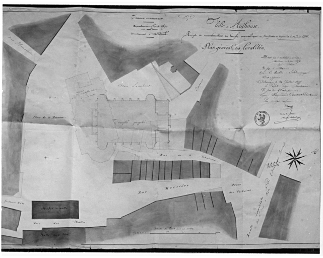 Reconstruction du temple évangélique. Modification du projet en date du 24 juin 1856. Plan général des localités.