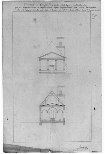 Elévation et coupe de l'église avec des augmentations et réparations.