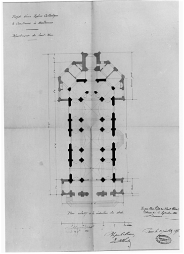 Projet d'une église catholique à construire à Mulhouse. Plan relatif à la rédaction du devis (non réalisé).