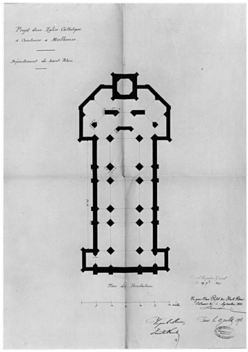 Projet d'une église catholique à construire à Mulhouse. Plan des fondations (non réalisé).