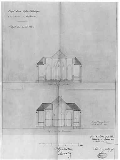 Projet d'une église catholique à construire à Mulhouse. Coupe sur les frontons, coupe sur les trumeaux (non réalisé).