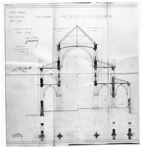 Projet de construction d'une église catholique. Coupe transversale CD sur la nef. Coupe transversale CD sur la nef. Coupe transversale AB sur le choeur.