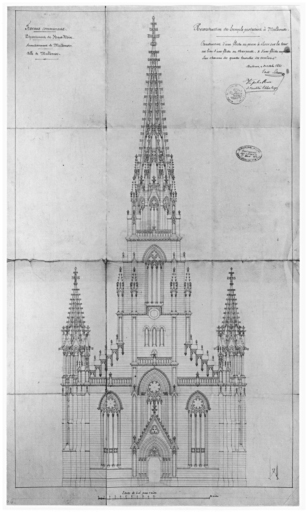 Projet de reconstruction du temple protestant. Construction d'une flèche en pierre à élever sur la tour au lieu d'une flèche en charpente et d'une flèche en pierre sur chacune des quatre tourelles des escaliers.