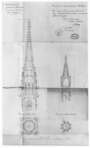 Projet de reconstruction du temple protestant : plans et coupes de flèches en pierre à élever sur la tour du clocher et les quatre tourelles des escaliers, en remplacement des flèches en bois projetées.