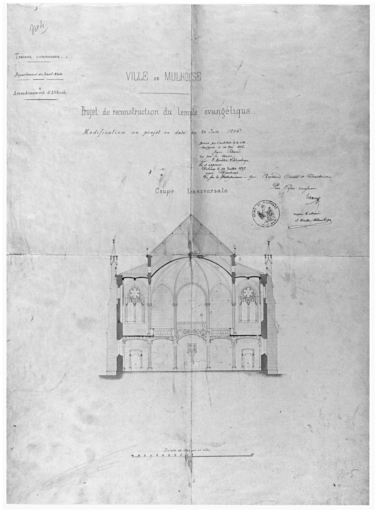 Reconstruction du temple évangélique. Modification du projet en date du 24 juin 1856. Coupe transversale.