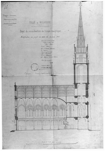 Reconstruction du temple évangélique. Modification du projet en date du 24 juin 1856. Coupe longitudinale.