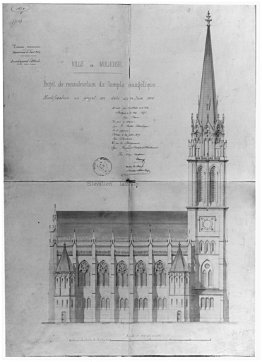 Reconstruction du temple évangélique. Modification du projet en date du 24 juin 1856. Elévation latérale.