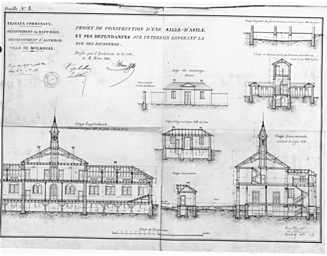 Projet de construction d'une salle d'asile et ses dépendances sur un terrain longeant la rue des Faubourgs. Coupe longitudinale. Coupe transversale suivant la ligne CD. Loge du concierge.