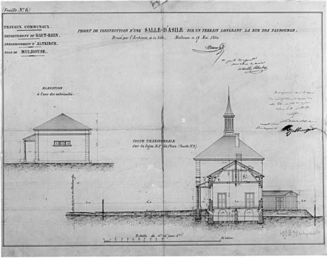 Projet de construction d'une salle d'asile sur un terrain longeant la rue des Faubourgs. Elévation de l'une des extrémités. Coupe transversale.