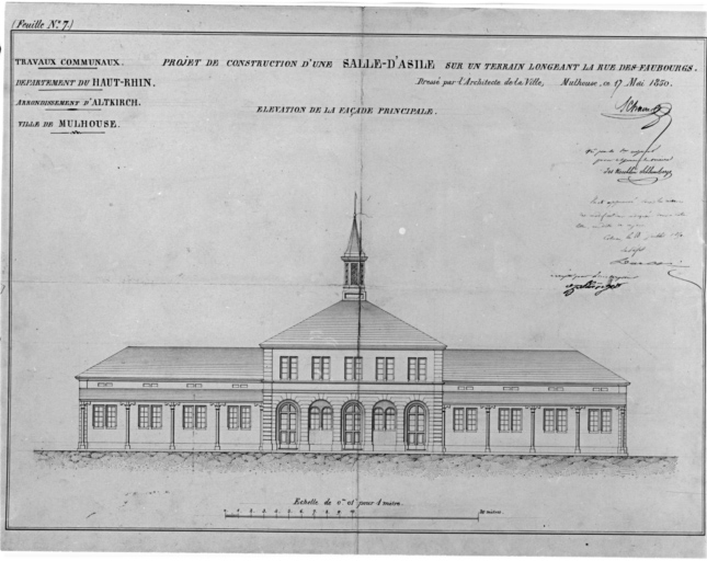 Projet de construction d'une salle d'asile sur un terrain longeant la rue des Faubourgs. Elévation de la façade principale.