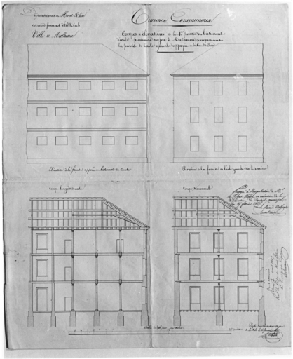 Coupes et élévations de la quatrième partie du bâtiment de l'école primaire projetée, comprenant la partie de l'aile gauche appuyée au bâtiment du centre.